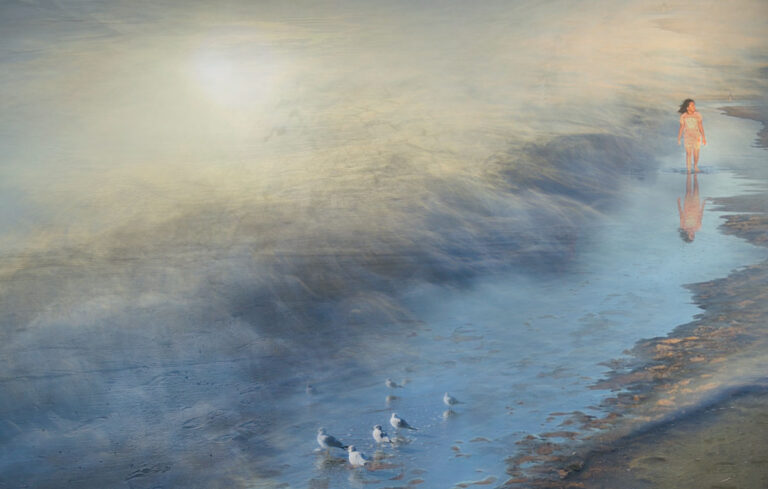girl walking in water following birds