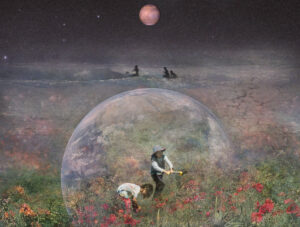 two children working with flowers in front of earth with people sailing toward mars in the background