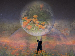 Woman holds up transparent earth globe containing poppies