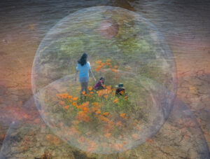woman with two children inside transparent globe of earth