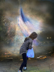 Girl with plastic bag and American flag and fireworks in the background.