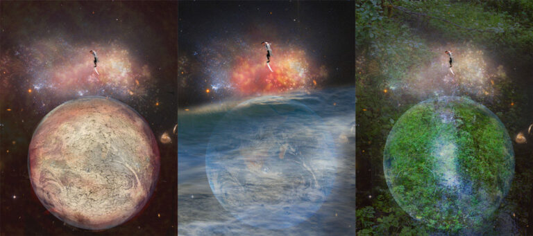 three images of the earth showing drought, flood, and green regeneration. A man is poised above suggesting a choice must be made.